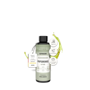 Flasche des Alphazoo Pupsbremse Haustierergänzungsöls mit Etiketten, die natürliche Rezeptur und fachkundige Entwicklung hervorheben.