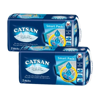 Smart Pack 2 Stückx2 Zwei Packungen Catsan Smart Pack Katzenstreu mit einem blauen Design und einem weißen Katzenbild, beschriftet mit "Sauber & Einfach" und "Super Absorber."