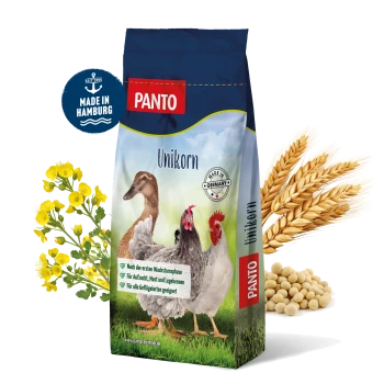 PANTO Unikorn Geflügelfuttertasche mit einer Ente, Henne und einem Hahn auf Gras; der Text hebt Wachstumsphasen und Eignung für alle Geflügelarten hervor.