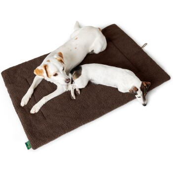 Zwei Hunde ruhen sich auf einem weichen, braunen Haustierbett aus, das eine gemütliche und komfortable Umgebung für Haustiere zeigt.