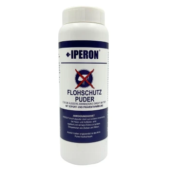 Weiße Plastikflasche mit Aufschrift 'IPERON FLOHSCHUTZ PUDER', Flohschutzpulver für Haustiere, rotes durchgestrichenes Floh-Symbol.