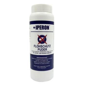 Weiße Plastikflasche mit Aufschrift 'IPERON FLOHSCHUTZ PUDER', Flohschutzpulver für Haustiere, rotes durchgestrichenes Floh-Symbol.
