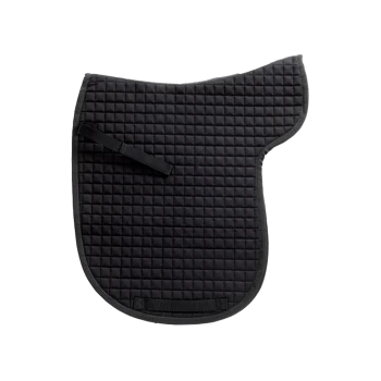 Schwarze, gesteppten Sattelunterlage mit strukturiertem Oberflächen und einem Riemen zur Sicherung, entworfen für den Reitsport.