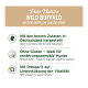 Verpackung für Pure Nature Wild Buffalo Hundefutter, mit Text über glutenfreie Zutaten, hergestellt in Deutschland, und Omega-3 für Vitalität.