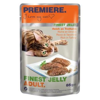 Finest Jelly Adult Truthahn 22x85 g Katze Futterbeutel mit einer verspielten getigerten Katze neben Gelee-Katzenfutter. Text: "PREMIERE. Ich liebe meine Katze," "FEINSTES GELEE," "Reich an Truthahn."