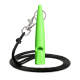 Grüne ACME Hundepfeife mit schwarzem Halsband und Metallclip, hergestellt in England.