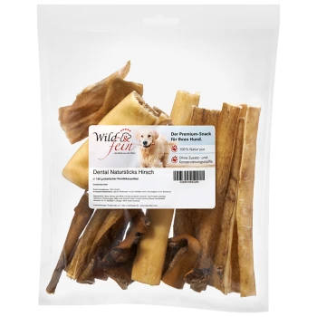Packung Wild & fein Dental Natursticks Hirsch natürliche Hundekauartikel, 150g, Premium-Snack, 100 % natürlich, ohne Zusatzstoffe.
