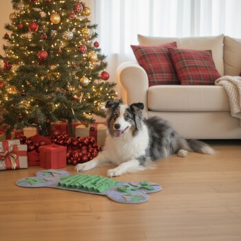 Ein blauäugiger Hund sitzt neben einer großen, knochenförmigen interaktiven Tiermatte mit einem Durchmesser von 79 cm, entworfen für große und mittelgroße Hunde.