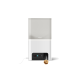 Eine moderne Petcube-Haustierkamera und Leckerli-Spender, mit einem eleganten weißen und grauen Design, aus dem ein Leckerli von unten ausgegeben wird.