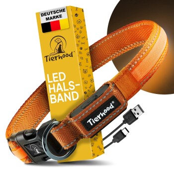 LED-Hundehalsband von Tierhood in Orange, mit einem USB-Ladekabel, mit einer Packung, die das Markenlogo und die Farben anderer Halsbänder darunter zeigt.