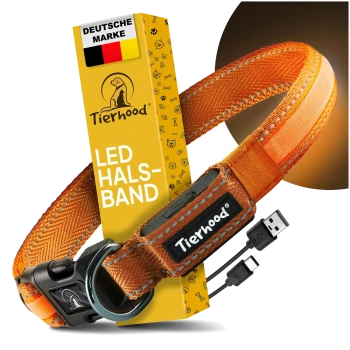 LED-Hundehalsband von Tierhood in Orange, mit einem USB-Ladekabel, mit einer Packung, die das Markenlogo und die Farben anderer Halsbänder darunter zeigt.