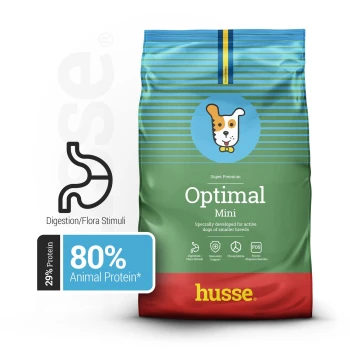 Super Premium Hundefutter-Tüte beschriftet mit "Optimal Mini" für kleine aktive Hunde, mit 80% tierischem Protein und Icons zur Verdauungsunterstützung.