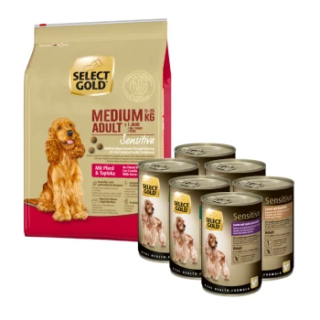 Goldene Haustierfutterverpackung mit einem Sack "Medium Adult Sensitive" Trockenfutter für Hunde und sechs Dosen Nassfutter, mit einem Hundebild.