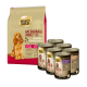 Emballage de nourriture pour animaux doré avec un sac de nourriture sèche pour chiens "Medium Adult Sensitive" et six boîtes de nourriture humide, mettant en avant une image de chien.