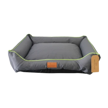Gray pet bed with green trim and a leather tag labeled "Beddies." The bed features raised sides and a soft cushion.