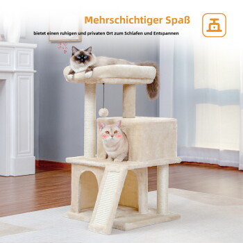 Beiger mehrstöckiger Kratzbaum mit Kratzpfosten, Rampe und hängendem Ballspielzeug, Maße in cm und Zoll angegeben.