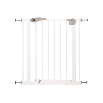 White pet safety gate with vertical slats and a locking mechanism, designed to restrict pet access to certain areas.