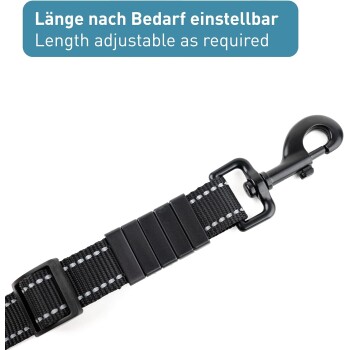 Verstellbare schwarze Haustierleine mit einem Clip und weißen Nähten, mit dem Text: "Länge nach Bedarf einstellbar" und "Length adjustable as required."