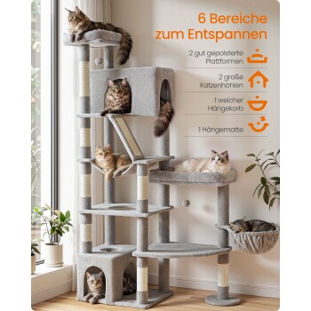 Grauer Kratzbaum mit sechs Katzen; deutscher Text „6 Bereiche zum Entspannen“ und aufgeführte Funktionen: 2 Plattformen, 2 Katzenhöhlen, 1 Hängekorb, 1 Hängematte.