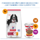 Hill's Science Plan Hundefuttersack (Adult 1–6) mit schwarz-weißem Hund und passender Dose Nassfutter mit Huhn.