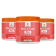 Drei Behälter von Balloony's Skin & Coat Pro Pulver für Hunde, mit einem leuchtend roten Design und orangefarbenen Deckeln, gekennzeichnet als Ergänzungsfutter.
