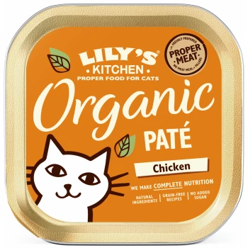 Nassfutter Katze Adult Organic Patè Huhn 19x85 g Lily's Kitchen Bio-Hühnchen-Pâté für Katzen mit einer Cartoon-Katze auf orangefarbenem Hintergrund. Der Text hebt natürlich, getreidefrei und ohne Zuckerzusatz hervor.
