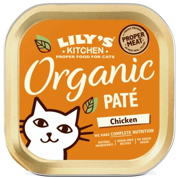 Lily's Kitchen Bio-Hühnchen-Pâté für Katzen mit einer Cartoon-Katze auf orangefarbenem Hintergrund. Der Text hebt natürlich, getreidefrei und ohne Zuckerzusatz hervor.