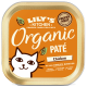 Lily's Kitchen Organic Chicken Paté dla kotów z rysunkowym kotem na pomarańczowym tle. Tekst podkreśla naturalność, brak zbóż i brak dodanego cukru.