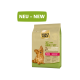 Gold dog food bag for small adult dogs, featuring a Yorkshire Terrier and labeled "XS ≤ 4 KG ADULT Sensitive" with "NEU - NEW."
