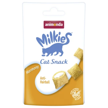 Animonda Milkies Katzensnack-Tüte, blaues Katzenlogo, Text „Cat Snack“, „Anti-Hairball“, „Harmony“, getreidefrei-Symbol, milchgefüllte Kissenleckerlis