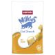 Kieszonka Animonda Milkies Cat Snack, niebieskie logo kota, tekst 'Cat Snack', 'Anti-Hairball', 'Harmony', ikona 'No Grain', mleczne wypełnione chrupkie poduszeczki
