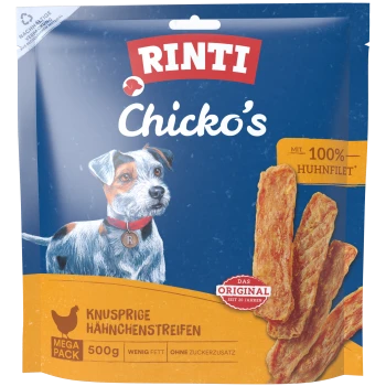 RINTI Chicko's Hundesnack-Pack mit Terrierbild, Hähnchenstreifen und den Aufdrucken '100% Huhnfilet' und '500g'.