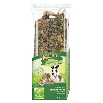 MultiFit Nature Grain Free daisy herb sticks pack for small pets; shows rabbit and rodents; label 2 Sticks