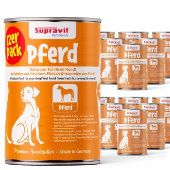 Dosen Supravit Pferd Premium-Hundefutter mit Pferdefleisch, orange-weißen Etiketten mit Hund- und Pferdeillustration.