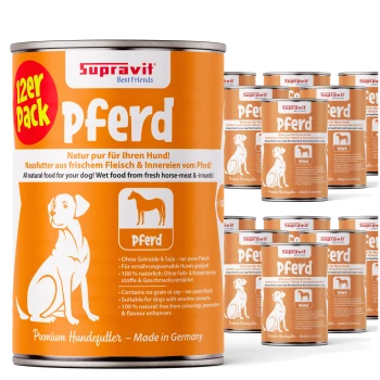 Stapel orangener Supravit-Hundefutterdosen mit der Aufschrift 'Pferd', '12er Pack' und 'Premium Hundefutter - Made in Germany'.