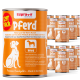 Stapel orangener Supravit-Hundefutterdosen mit der Aufschrift 'Pferd', '12er Pack' und 'Premium Hundefutter - Made in Germany'.