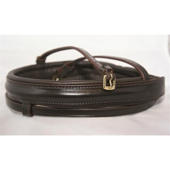 Ein dunkelbraunes Lederhalsband für Haustiere mit einer glänzenden goldenen Schnalle, elegant auf einem weißen Hintergrund gewickelt.