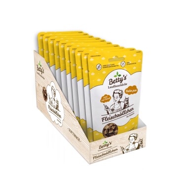 Thekendisplay von Betty's Landhausküche Fleischröllchen Katzensnack-Tütchen, gelb-weiße Verpackung mit Aufschrift 'Huhn pur'.