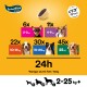 Hundeleckerli auf gelbem Hintergrund mit Fütterungshinweisen: 6 für 2-3 kg, 11 für 4-9 kg, 22 für 10-14 kg, 30 für 15-24 kg, 45 für 25+ kg.