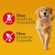 Golden Retriever, der vor einem hellgelben Hintergrund läuft, mit Text, der "Ohne künstliche Aromastoffe" und "Ohne künstliche Farbstoffe" besagt.