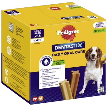 Gele Pedigree Dentastix Daily Oral Care mega pack doos (x56, 10–25 kg) met hondenfoto en kauwsticks