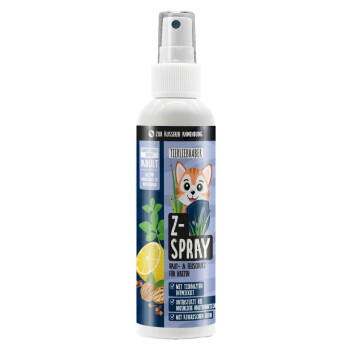 Eine weiße Sprühflasche mit der Aufschrift 'Z-SPRAY' und einem blauen Herzdesign, das verschiedene haustierbezogene Icons und den Text 'TIERLIEBHABER' zeigt.