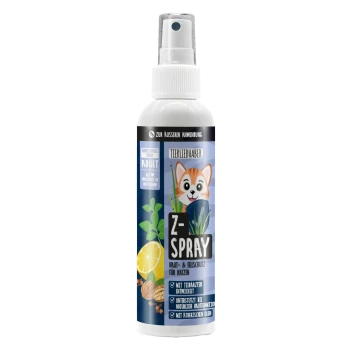 Eine weiße Sprühflasche mit der Aufschrift 'Z-SPRAY' und einem blauen Herzdesign, das verschiedene haustierbezogene Icons und den Text 'TIERLIEBHABER' zeigt.
