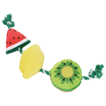 Buntes Hundeseilspielzeug mit Plüsch-Wassermelonen-, Zitronen- und Kiwifruchtformen.