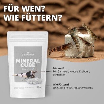 NatureHolic Mineral Cube Beutel mit Garnelen, die an einem Mineralwürfel fressen; deutscher Text ‚FÜR WEN? WIE FÜTTERN?‘ und Fütterungsanleitung