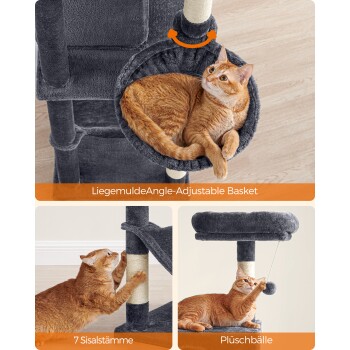 Katzenbaum mit verstärktem Sockel, mit einer flauschigen Hängematte und einem gemütlichen Versteck. Der Text hebt Stabilität und Designelemente hervor.
