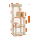 Katzenbaum mit mehreren Ebenen, Kratzpfosten und einem gemütlichen Versteck, 143 cm hoch mit verschiedenen Abmessungen, die in Orange beschriftet sind.