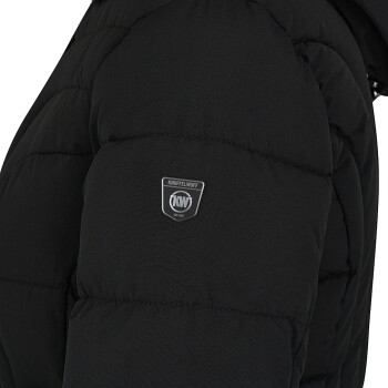Ärmel einer schwarzen Daunenjacke mit einem silbernen "KNUFFELWUFFF" Logo-Patch mit dem Text "KW EST. 2011."