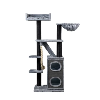 Grauer mehrstöckiger Katzenbaum mit Kratzpfosten, einer gemütlichen Hängematte und zwei geschlossenen Bereichen zum Spielen und Ausruhen.