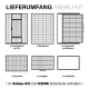 Diagramm eines Haustiergehege-Kits, das Teile zeigt: Vorderwand mit Tür, Rückwand, Trennwand, Dach, Streuschale und Schublade; keine Seitenwände enthalten.